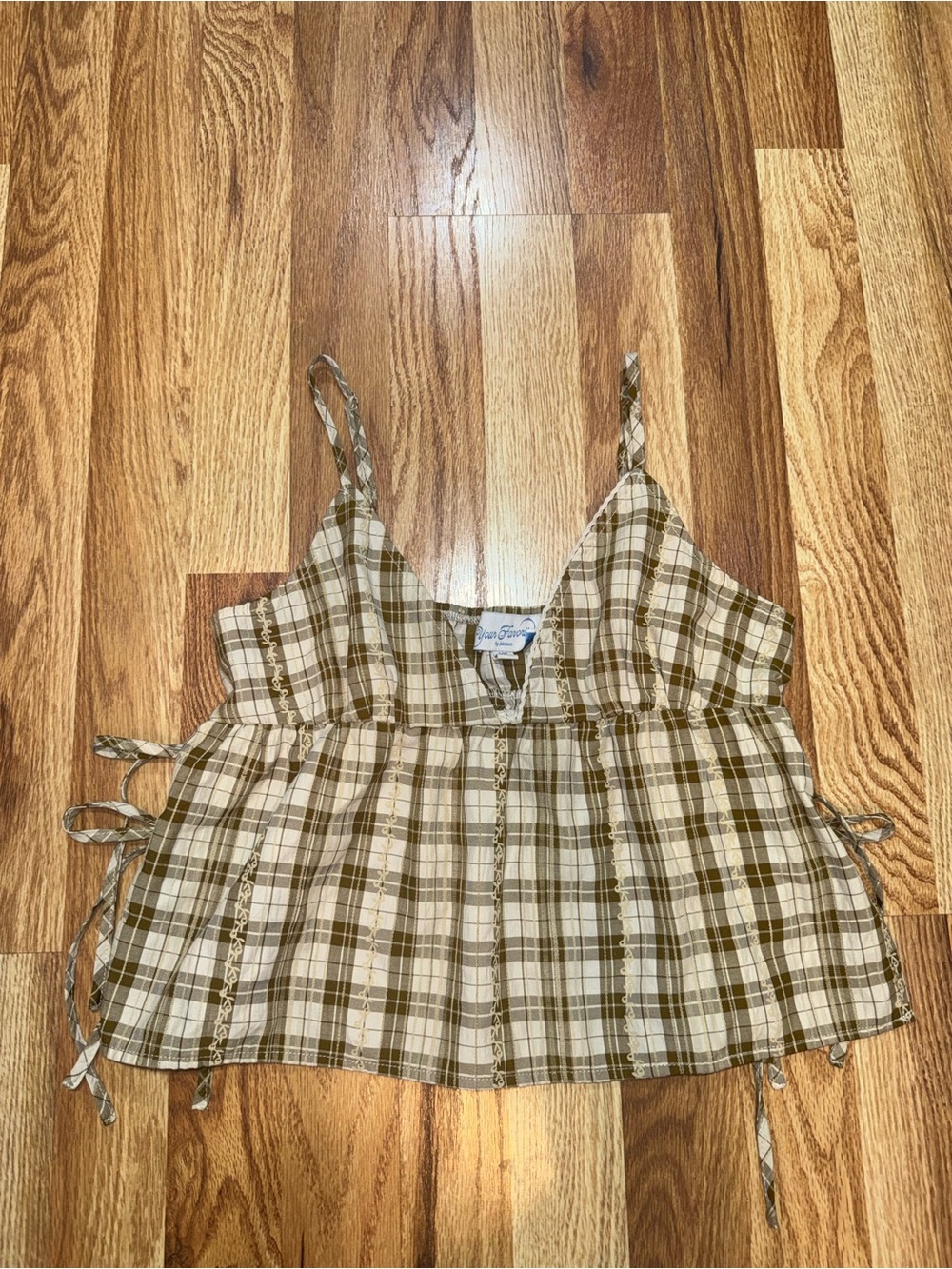 PacSun Favorite Plaid Babydoll Tank Top XS Olive Cream Plaid Lace Tie Side Top